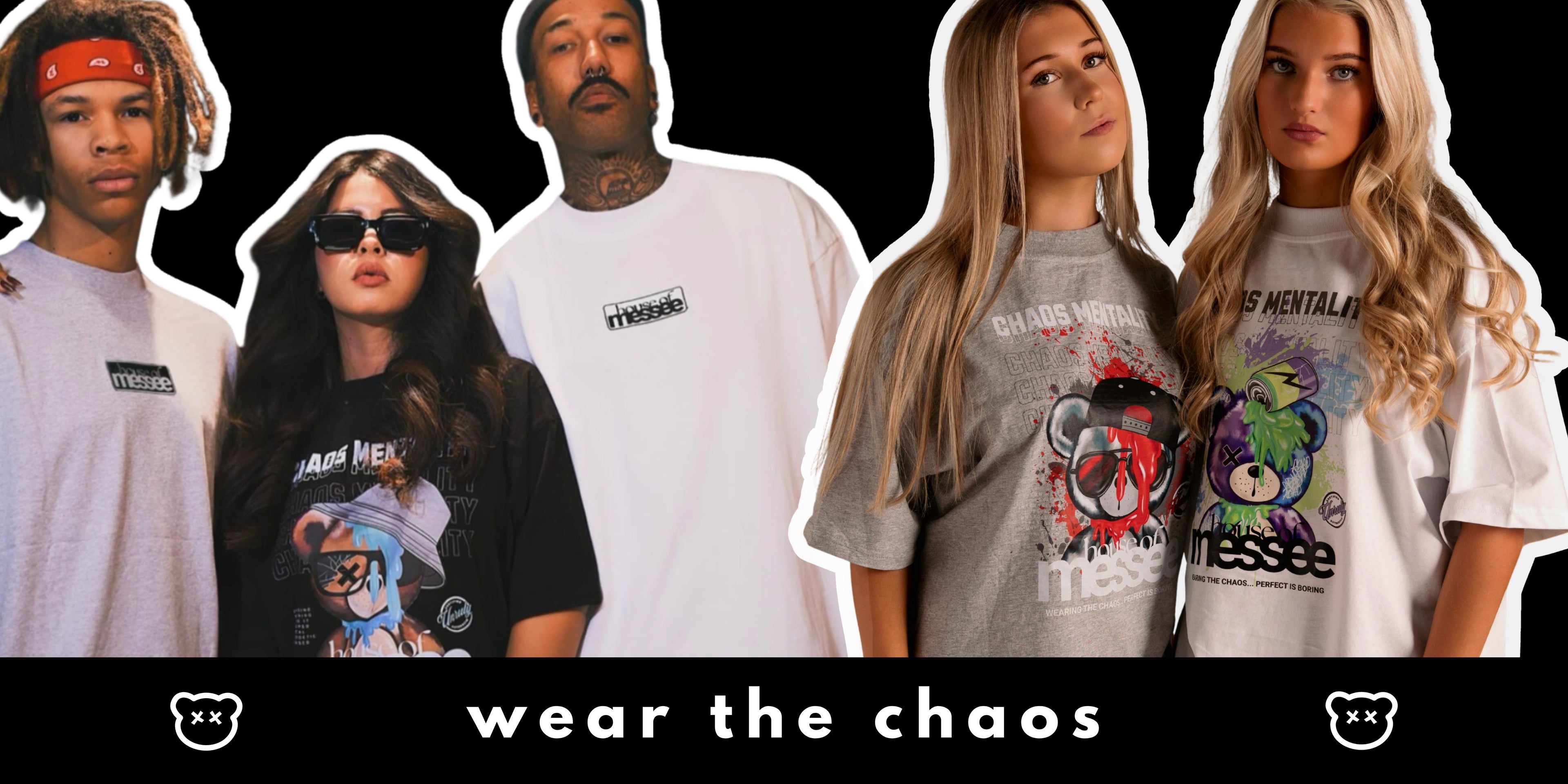 People wearing various graphic t-shirts with different designs on a black background, featuring the text 'wear the chaos'.